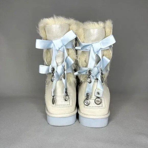 Women's 9 UGG Boots Bailey Bow I DO Crystal Shimmer White Silver Baby Blue RARE - Picture 4 of 16